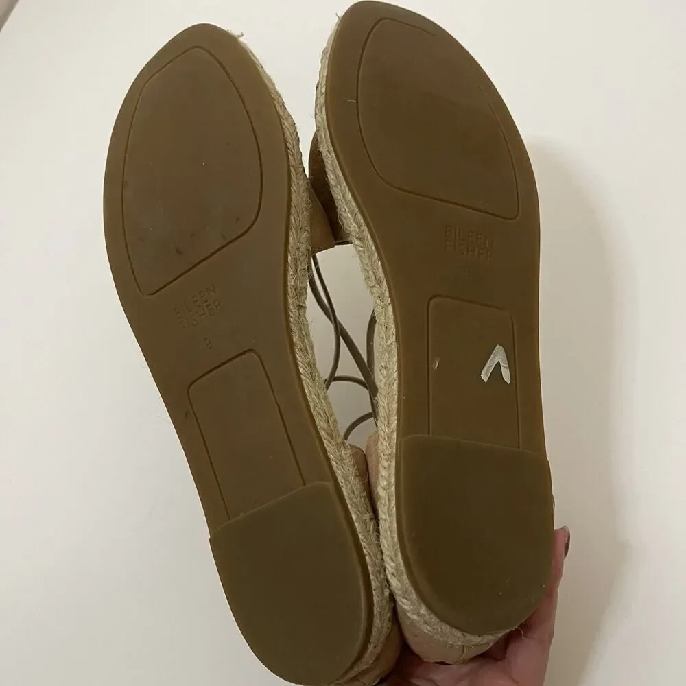Eileen Fisher Lace suede cognac brown leather espadrille sandals US 9